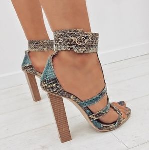 Multi Turquoise Snake T-Bar Strappy Block Heel